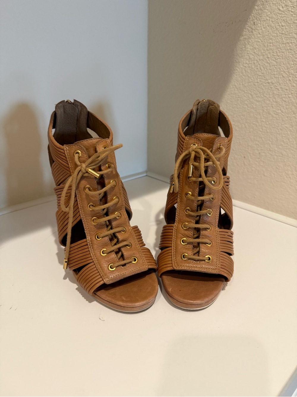 BCBGMaxAzria Cognac Lace-Up Cutout Block Heel Sandals